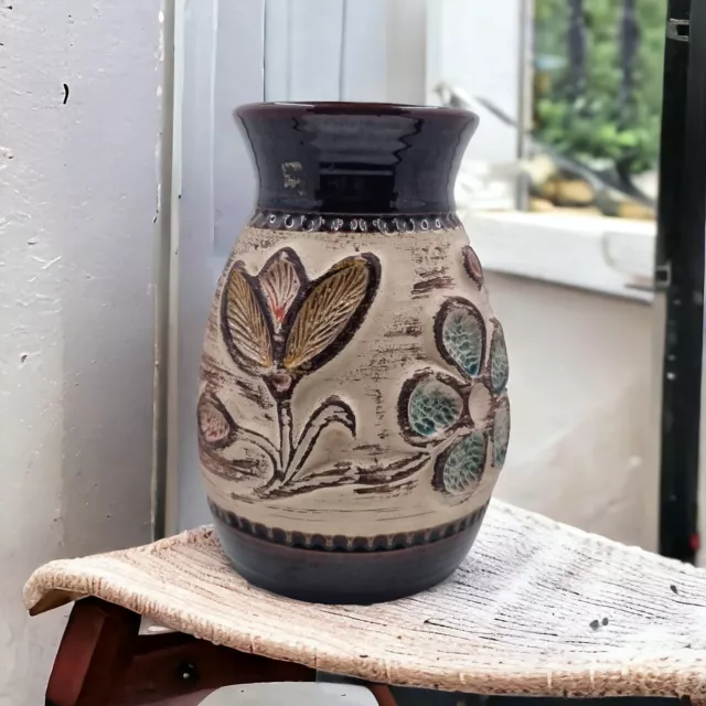 Bay Keramik West German Pottery Vase 94 7" MCM  70s Flowers