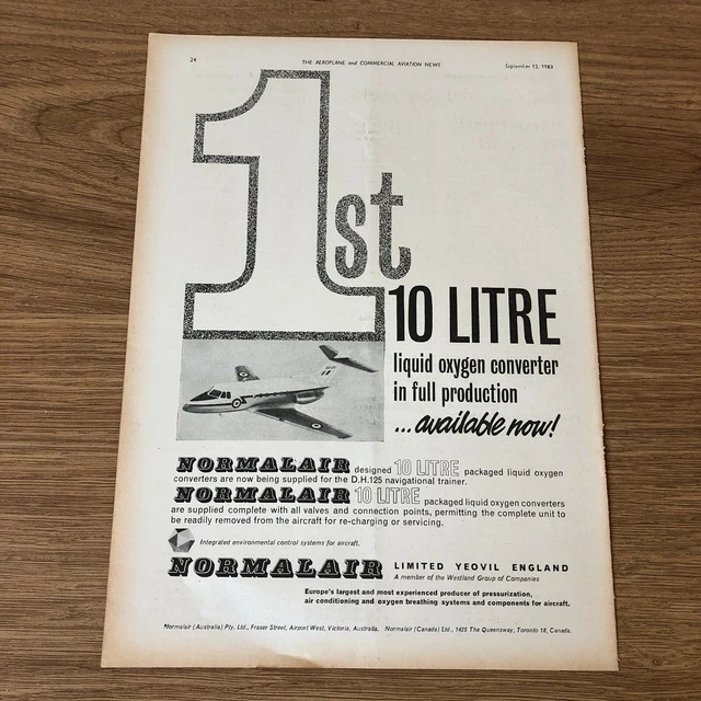 (STA34) advert 11x8" Normalair Limited. The 1st 10 litre Liquid Oxygen Converter