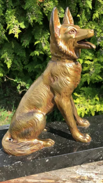 Beautiful Vintage Art Deco Spelter Brass? German Shepherd Dog On Marble Base C1 3