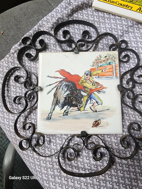 Vintage Bullfighting Ceramic Tile Art. 4 3/4 X 4 3/4"