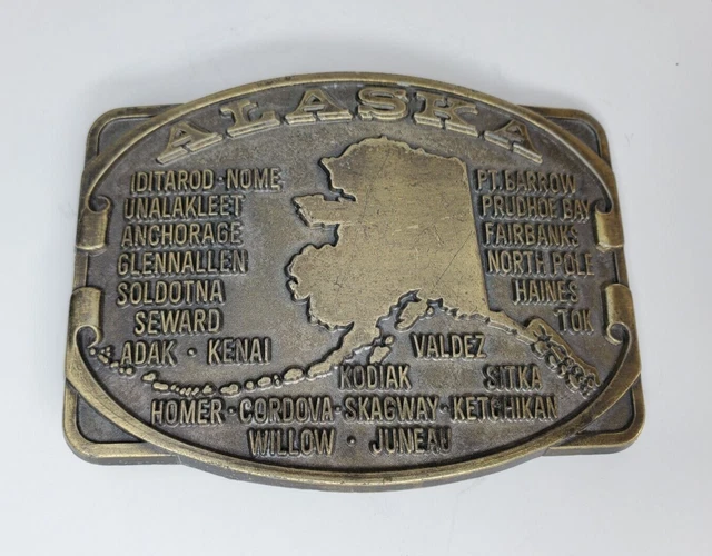 Belt Buckle ALASKA Map Cities Commemorative Brass tone Vintage JJ INC