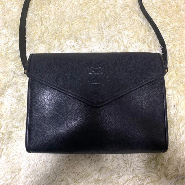 Authentic Longchamp Shoulder Bag Leather Black Logo Embossed