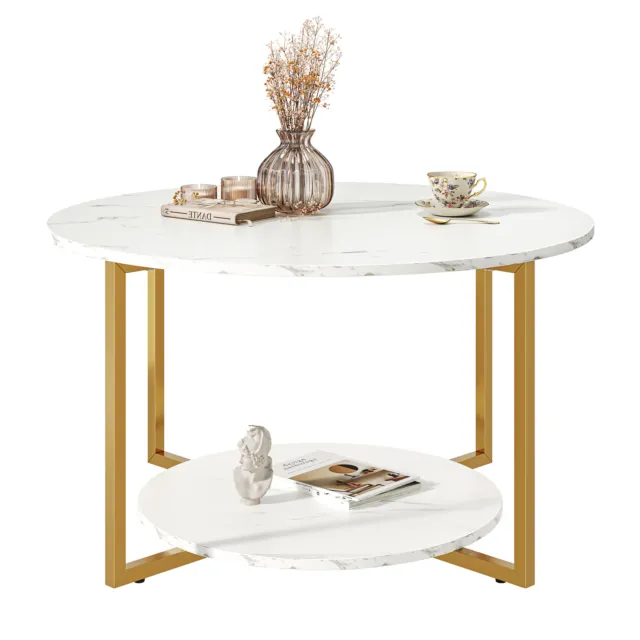 Round Coffee Table with Storage 2 Tier for Living Room Modern Furniture White