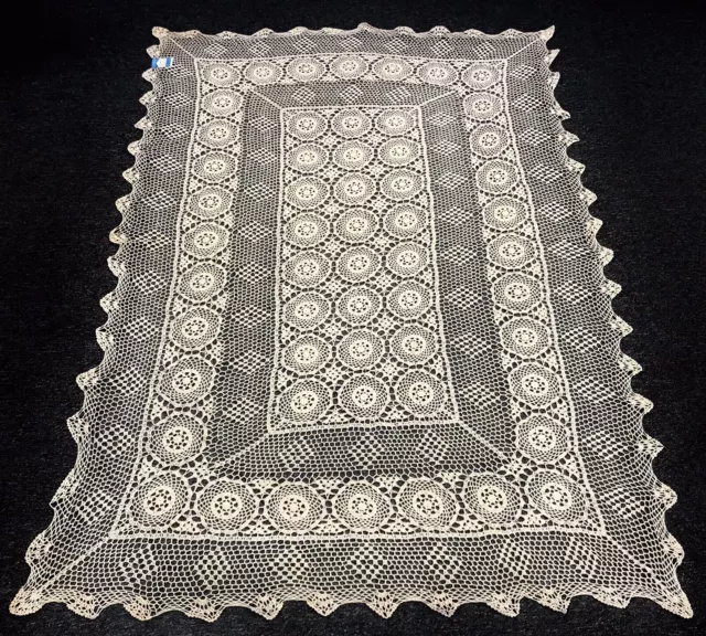 Beige 100% Cotton Handmade Fine Crochet Lace 54x72" Tablecloth Vintage Rectangle