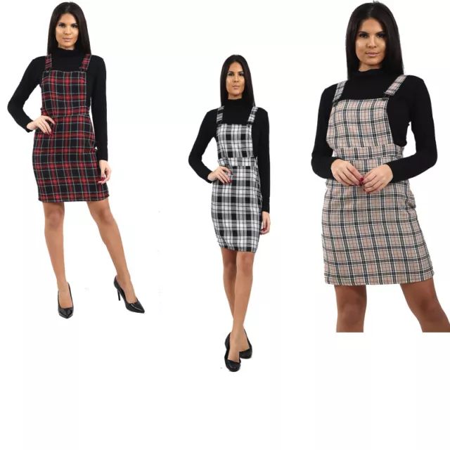 Ladies Womens Tartan Check Pinafore Dungarees Buttoned Mini Skirt