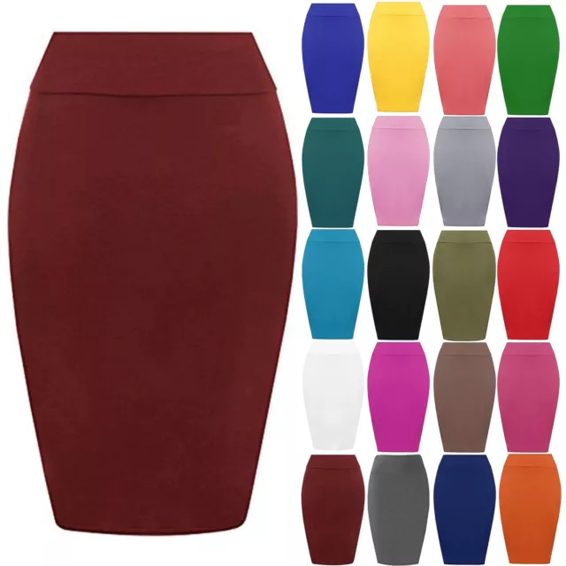 Ladies Women Jersey Stretchy Elasticated Pencil Plain Office Bodycon Midi Skirt