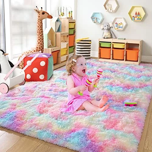 Cute Rainbow Area Rug for Girls Bedroom 4X6 Feet Fluffy Kids Rug for Room Decor