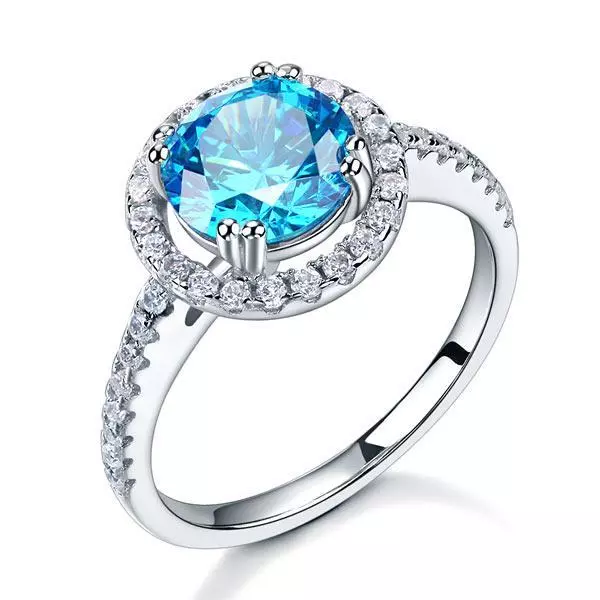 925 Sterling Silver Wedding Engagement Halo Ring 2 ct Fancy Blue Created Diamond