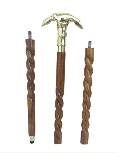 Vintage solid brass head Handle brown carved Wooden Walking Cane Stick handmade