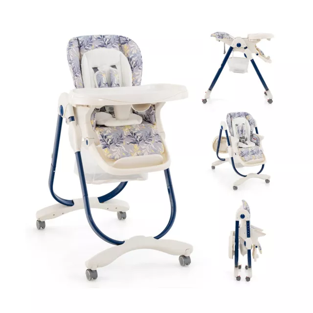 Folding Baby Highchair Adjustable Booster Seat W/ Removable Tray & Wheels