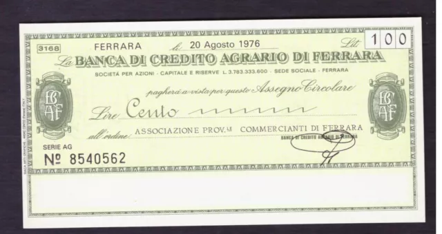 Miniassegno Banca Credito Agrario di Ferrara Ass. Commercianti 100 L 20-8-1976
