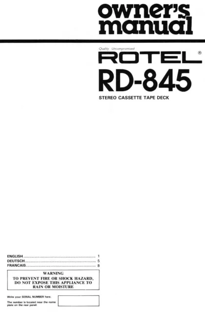 Bedienungsanleitung-Operating Instructions pour Rotel RD-845