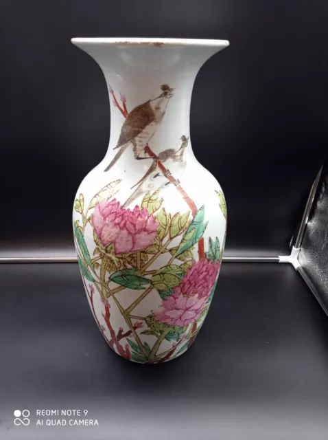 Ancien Grand Vase Chinois Chine asiatique  OISEAU PIVOINE  SIGNÉ , H 44 cm .