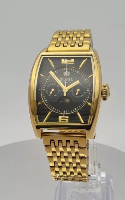 Gents Gold Plated Tonneau Royal London Quartz Watch with Calendar and Moonphase