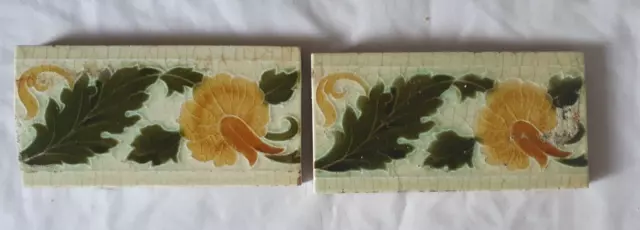 A Pair Of Gorgeous Antique Minton 6 X 3 Inch Border Tiles