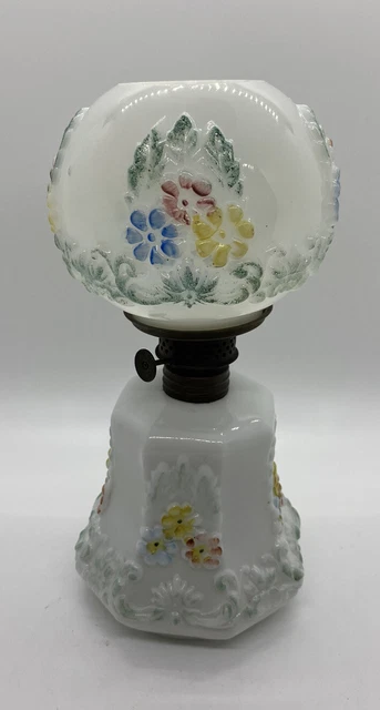 Antique Miniature Oil Lamp - White Milk Glass Floral Painted Globe Shade GWTW