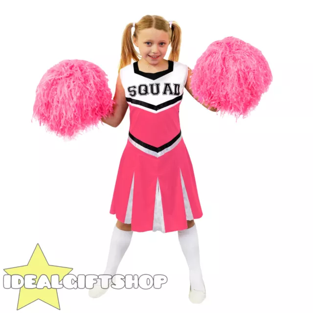 Childs Pink High School Cheerleader Girls Fancy Dress Costume With Pom Poms