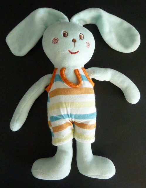 DC1. DOUDOU PELUCHE SUCRE D'ORGE LAPIN bleu rayé orange blanc jaune 23/35cm TBE