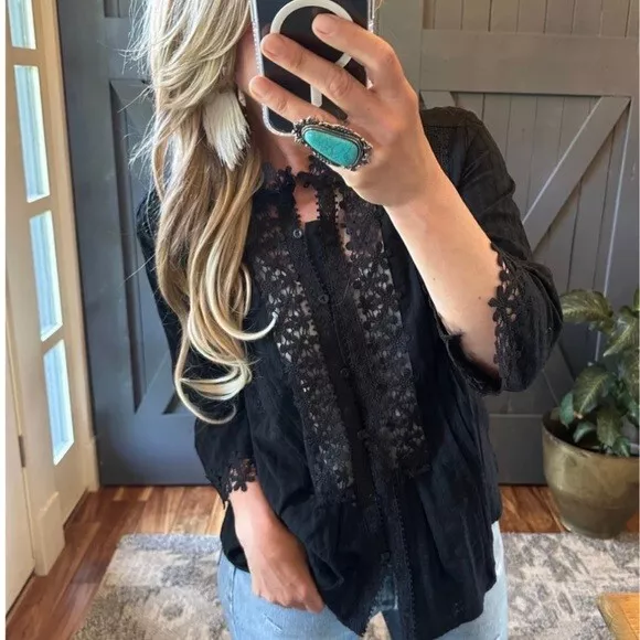 XL New Bohemian Black Lace 3/4 Sleeve Mock Neck Top Blouse Shirt Womens X-LARGE