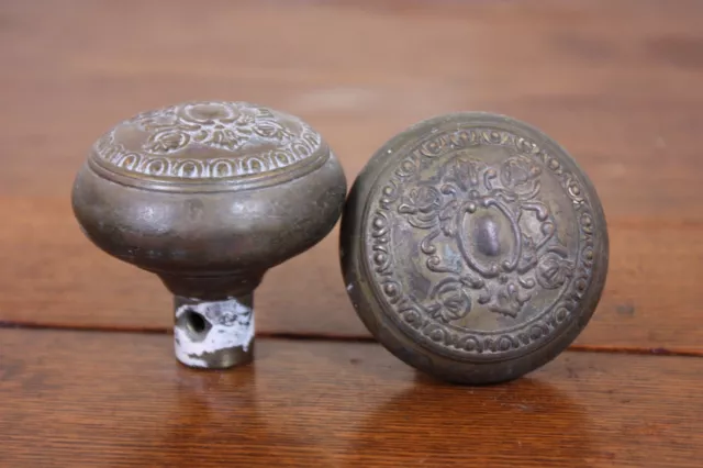 Pair Door Knobs Vtg Ornate Antique Brass Metal Set of 2 Architectural Salvage