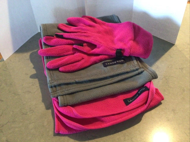 Land's End Set of Women’s Cozy Fleece Scarves and S/M Gloves in Gray and Fuchsia