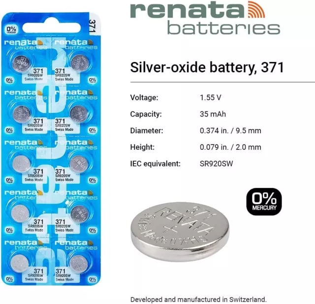 Pile de Montre de Renata Renata fait-Swiss 371 ou SR 920 SW 1.5 V Batterie Ronde