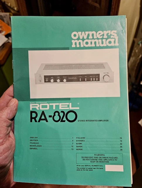 Operating Instructions - Owners Manual Rotel RA-820 Stereo Integrated Amplifier