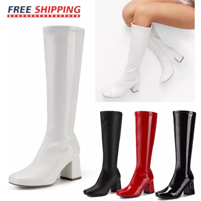 Women Chunk Block Heel Zip Up Square Toe Gogo Boots Fashion Knee High Boots