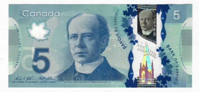 Banknote 2013/2021 Canada $5 Five Dollar Polymer P/IND PL/27 Wilkins/Poloz UNC