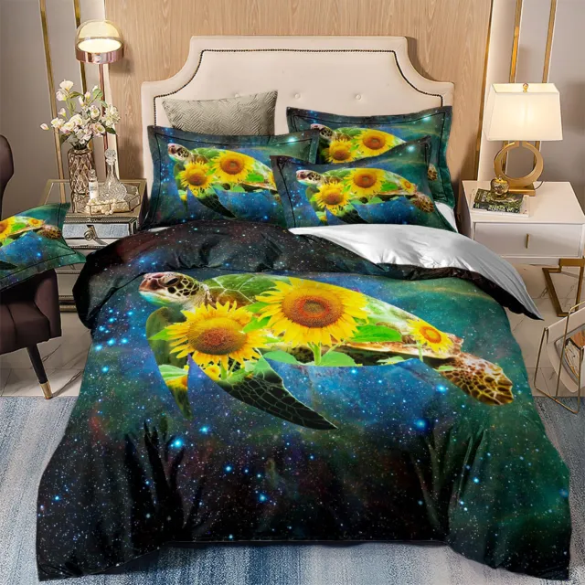 Turtle Sunflower Galaxy Doona Quilt Duvet Cover Set Queen Size Bed Pillowcases