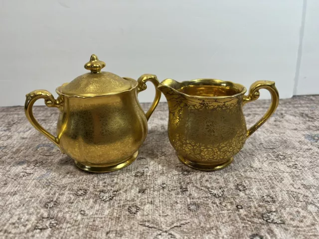 Vintage Pickard China Creamer and Sugar Bowl Gold Encrusted Rose Etched Lot of 2