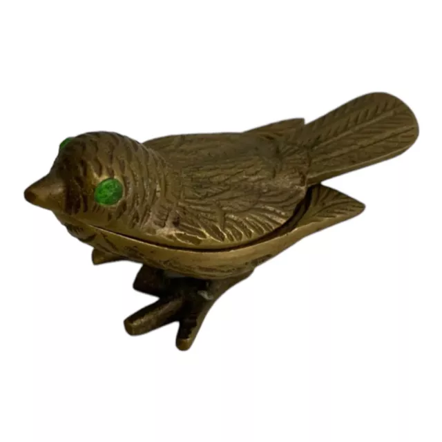 Gold Bird Trinket Ring Small Dish Holder Green Jeweled Eyes 2.75” Long