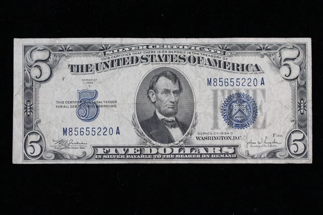 $5 1934C blue seal Silver Certificate Circulated M85655220A Exact Note Shown