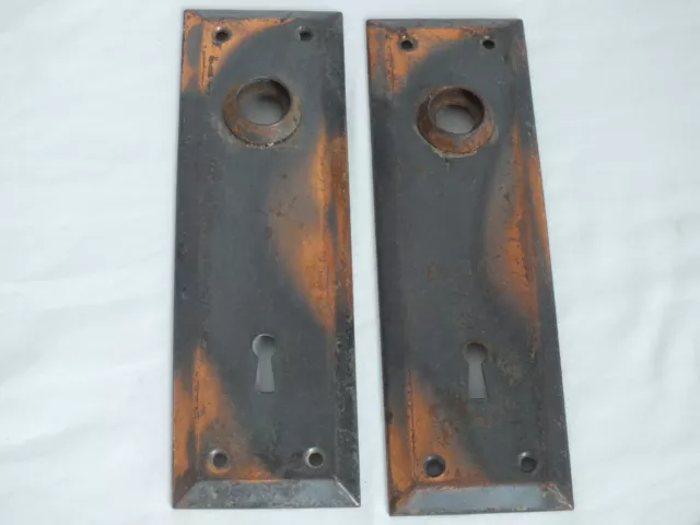 Pair steel copper Flash door knob key hole face plate cover 7"x2.25" antique #6