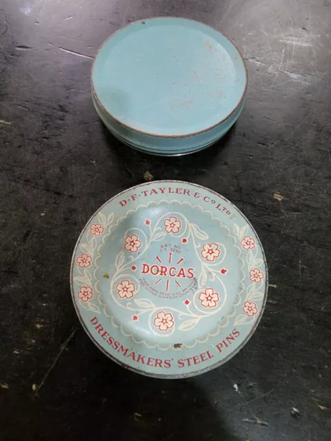 Vintage  pastel blue DORCAS D.F. Taylor dressmakers Steel pin tin