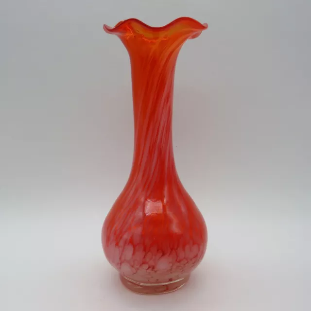 Hand Blown Art Studio Glass Vase Vibrant Red Orange with White Swirl 6-1/2" Tall