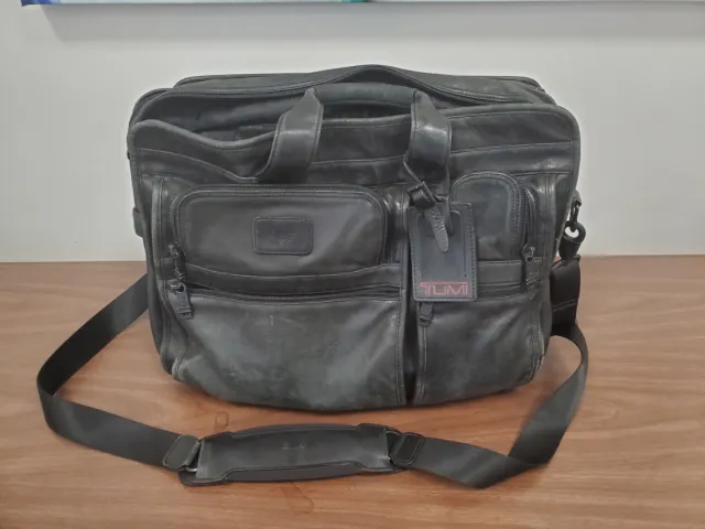TUMI Alpha Black Leather Expandable Messenger Laptop Briefcase Bag