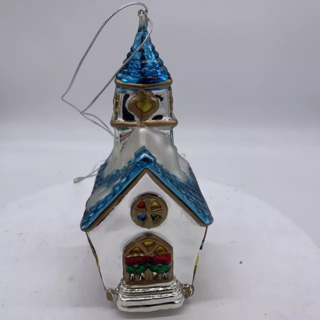 Vtg Dept 56 Mercury Glass Steepled Church Ornament In Box Handpainted 7708-9