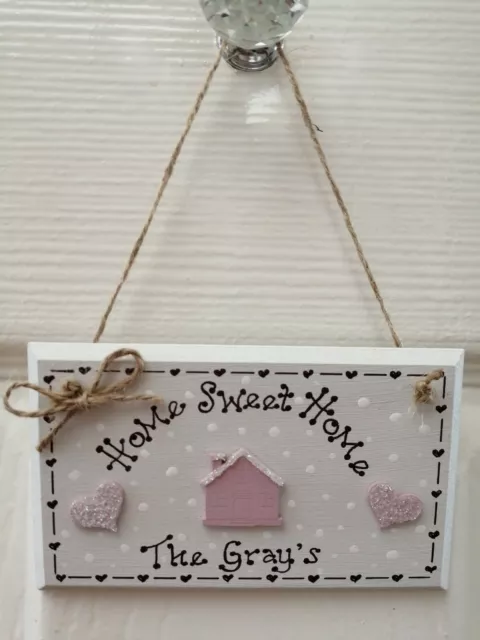 *Handmade Personalised New Home Sweet Home Plaque Gift Present Shabby Chic Pink*