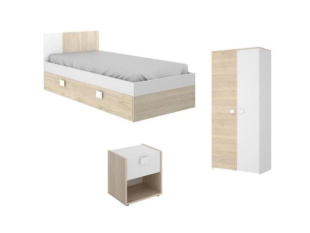 Chambre complète enfant lit gigogne 90 x 190 cm - 3 produits - Coloris : Chêne e