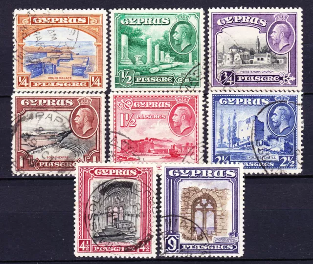 Cyprus-1934.Eight values to 9Pi  Sepia & Violet,SG 141.Fine used.