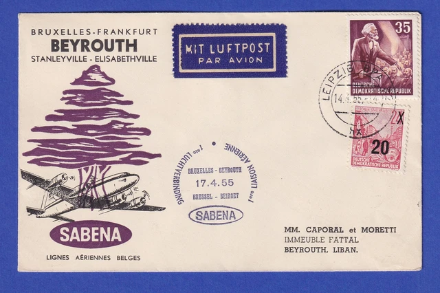 DDR Lp-Brief befördert mit SABENA Erstflug 17.4.55 nach Beirut