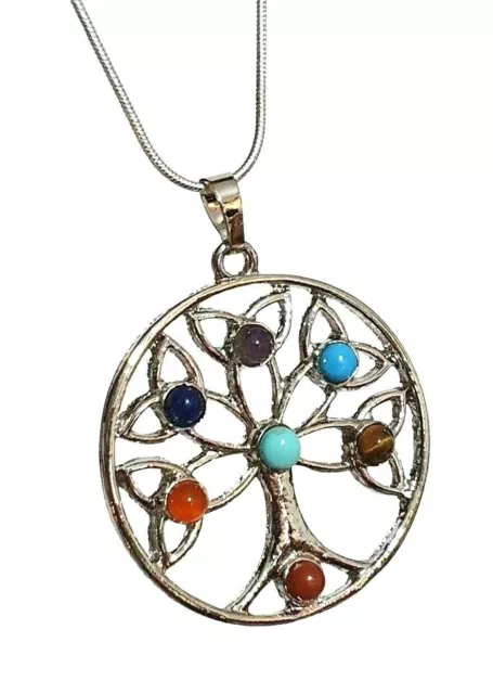 Collier pendentif arbre de vie 7 pierres précieuses Chakra plaquées 22"...