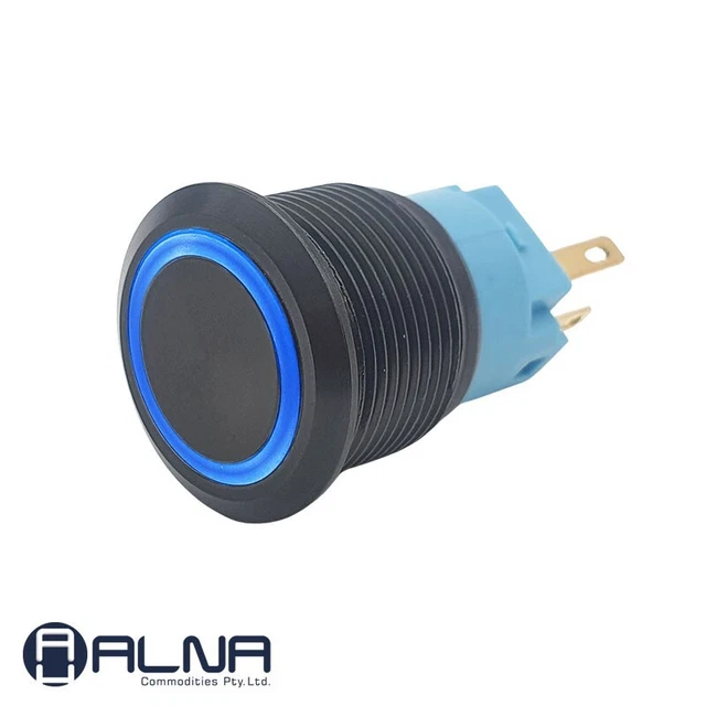 SWITCH PUSH BUTTON Latching Black ON/OFF 12V 19mm NO/NC IP67 BLUE LED