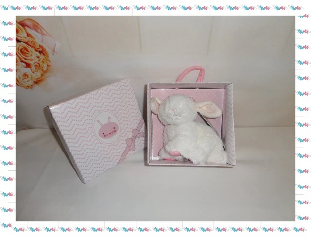 ◘ - Doudou Peluche Lapin Blanc Rose Pois Boite Cadeau Tex Baby