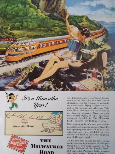 Milwaukee Road Railroad Print Ad Original Vtg 1948 Hiawatha Pretty Girl Wave