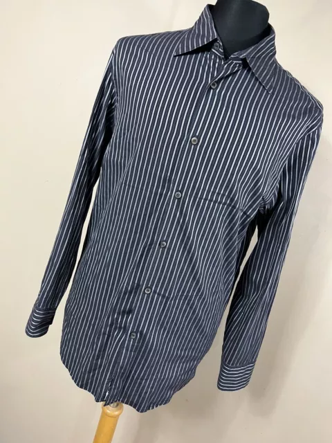 Armani Collezioni L Large Shirt Black Gray Stripe Button Down Front Mens J8