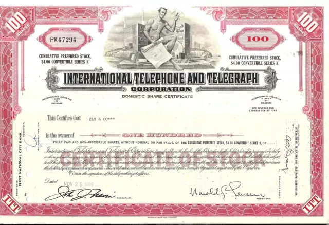 Stock certificate International Telephone & Telegraph Corp. 1960s for 100 shares