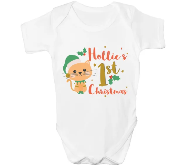 Personalised First Christmas Baby Grow Suit 1st Xmas Boys Girls Cat Any Name