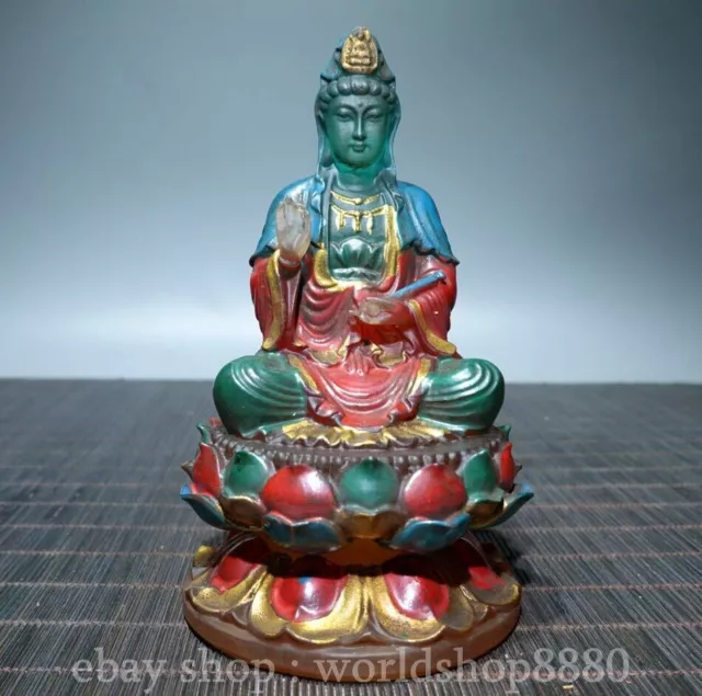 4.8" Old Chinese Coloured Glaze Painting Gilt Guan Yin Bodhisattva Statue